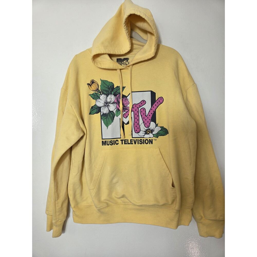 MTV Music Television Hoodie Pullover Sweater Soft Yellow Floral Logo Women’s L
